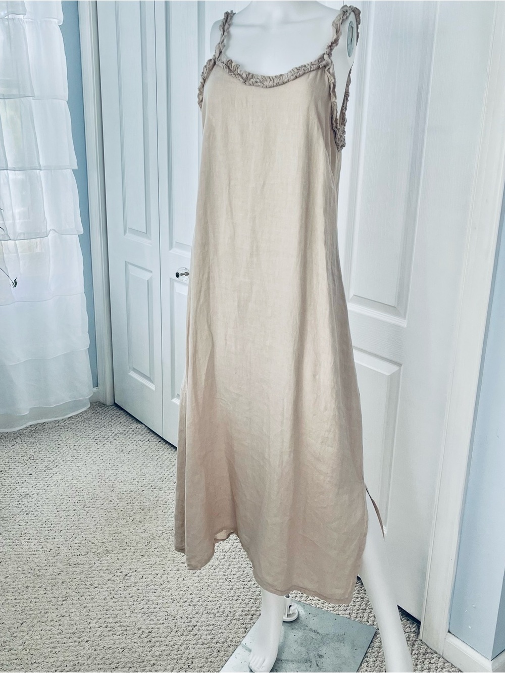 Francesca Bettini Italy Linen Slip Dress Beige Boho Sleeveless Midi Size Medium